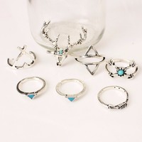 7 Pieces Silver Bohemian Ring Set - Thumbnail 1