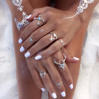 7 Pieces Silver Bohemian Ring Set - Thumbnail 3