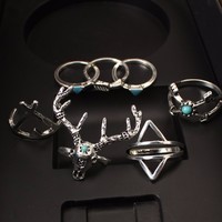 7 Pieces Silver Bohemian Ring Set - Thumbnail 4