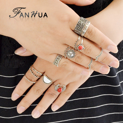 14 Pieces Set Silver Vintage Boho Sun and Moon Rings