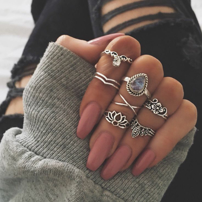 Elegant 7 Pieces Silver and Gold Crystal Ring Set