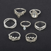 Elegant 7 Pieces Silver and Gold Crystal Ring Set - Thumbnail 1