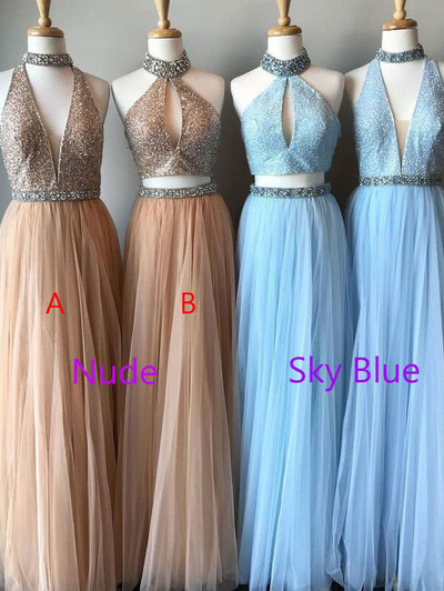 Hot Selling Nude/Sky Blue Prom Dresses Evening Dresses