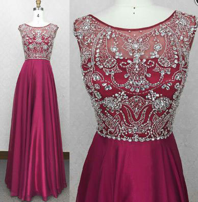 Scoop Fuchsia Long Prom Dresses with Beaded