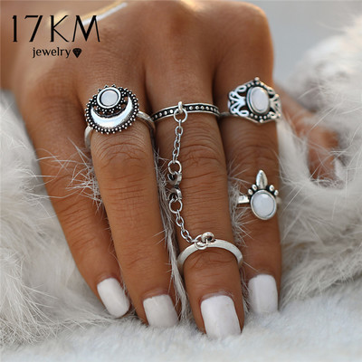 5 pieces set boho beach flower tibetan moon and sun midi ring sets - Thumbnail 4