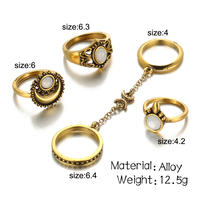 5 Pieces Set Boho Beach Flower Tibetan Moon And Sun Midi Ring Sets - Thumbnail 2