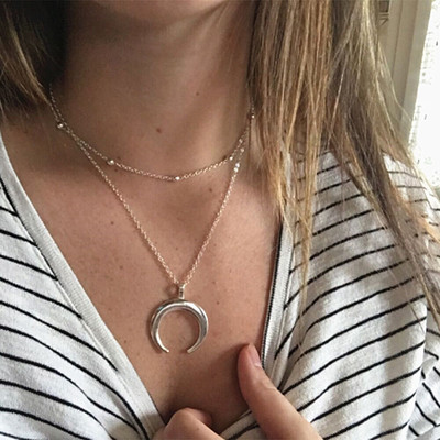 Crescent Moon Charmed Necklace in Silver and Gold