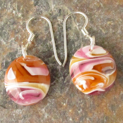 Salmon pink and cinnabar glass earrings