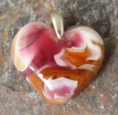 Salmon Pink and Cinnabar Glass Heart Pendant
