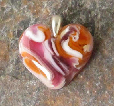 Salmon Pink and Cinnabar Glass Heart Pendant
