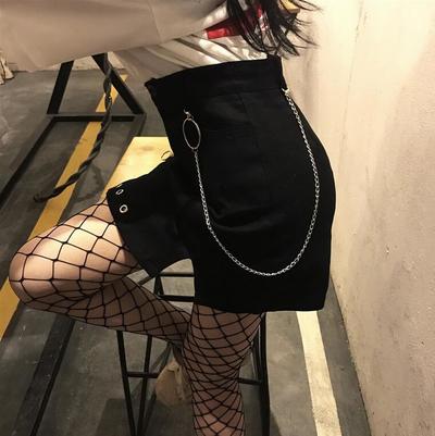 Punk Chain Zipper O-ring Denim Skirt