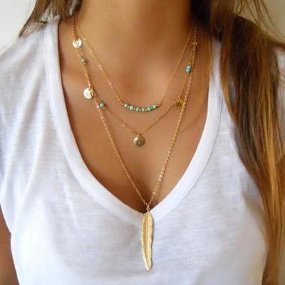 Gold and Silver Bohemian Tassel Feather Turqiouse Charm Layered Necklace