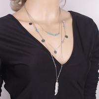 Gold and Silver Bohemian Tassel Feather Turqiouse Charm Layered Necklace - Thumbnail 1