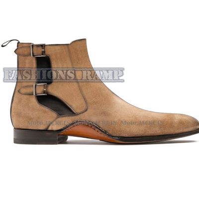 Handmade beige chelsea suede leather boot, two tone men ankle high dress - Thumbnail 5