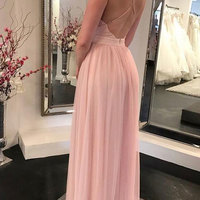 Deep V Neck Criss Cross Blush Pink Prom Dresses - Thumbnail 1