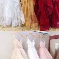 Elegant spaghetti Straps White/Dark Beige/Burgundy Organza Prom Dresses for Women - Thumbnail 3