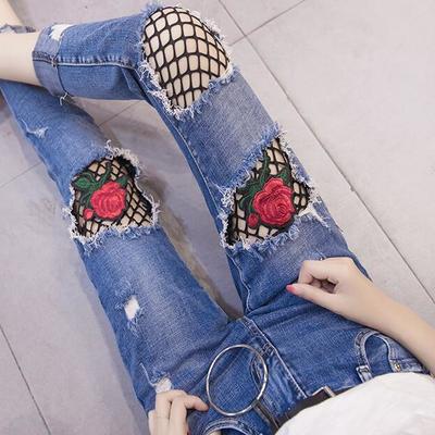 Rose embroidery fishnet mesh ripped jeans - Thumbnail 5