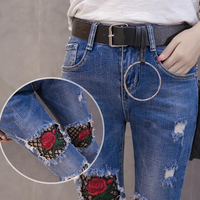 Rose embroidery Fishnet Mesh Ripped Jeans - Thumbnail 2