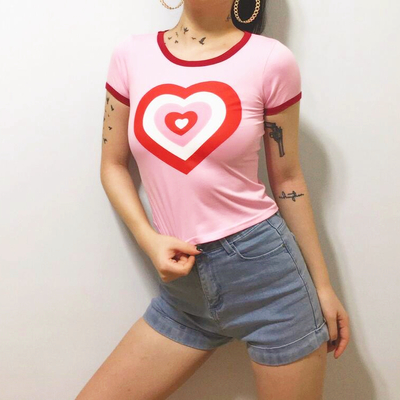 Heart printed color block pink t-shirt - Thumbnail 5