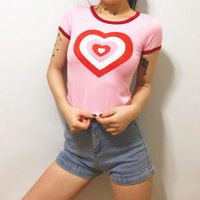 Heart Printed Color Block Pink T-shirt - Thumbnail 1