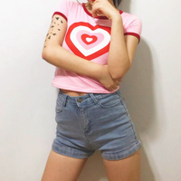 Heart Printed Color Block Pink T-shirt - Thumbnail 3