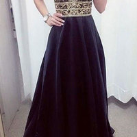 Luxurious V Neck Beaded Black Prom Dresses Long - Thumbnail 1