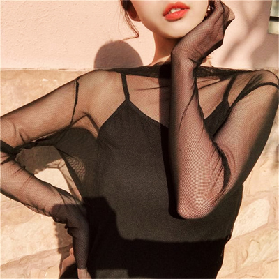 Free Shipping-BLACK MESH LONG SLEEVE TOP