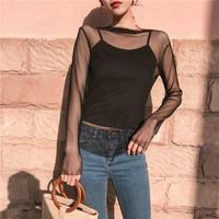 Free Shipping-BLACK MESH LONG SLEEVE TOP - Thumbnail 2