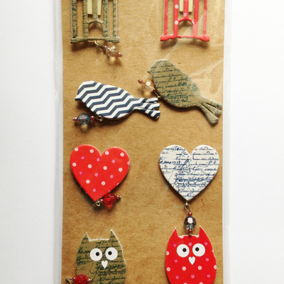 Birds & cages chipboard embellishments 8pcs - red & blue mix