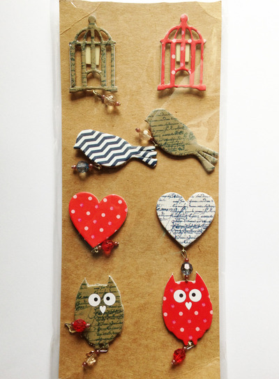 Birds & Cages Chipboard Embellishments 8pcs - Red & Blue Mix