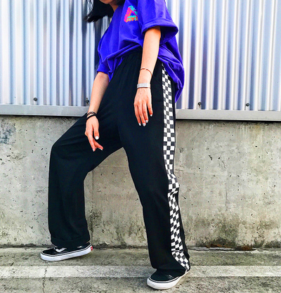 Free Shipping-SIDE CHECKER WIDE LEG PANTS