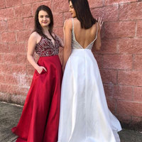 Elegant Red/White Beaded Long Prom Dresses with Pockets - Thumbnail 1