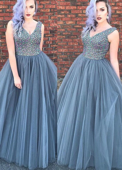 Plus Size Light Gray V Neck Prom Dresses 