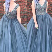 Plus Size Light Gray V Neck Prom Dresses  - Thumbnail 1