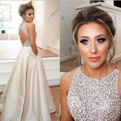 Elegant Beaded Open Back Prom Dresses Long with Pockets