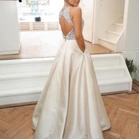Elegant Beaded Open Back Prom Dresses Long with Pockets - Thumbnail 1