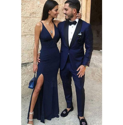 Sexy V Neck Slit Side Long Navy Blue Prom Dresses