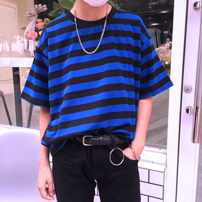 Free Shipping-RETRO BLUE AND BLACK STRIPE TEE