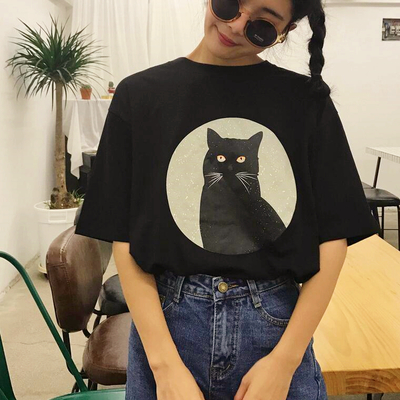 Cute cat round neck short sleeve t-shirt - Thumbnail 5