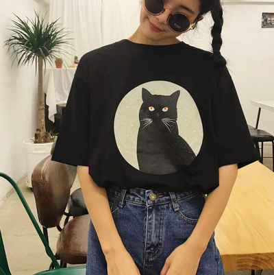 Cute Cat Round Neck Short Sleeve T-shirt