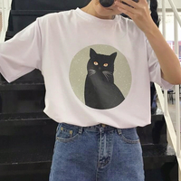 Cute Cat Round Neck Short Sleeve T-shirt - Thumbnail 4