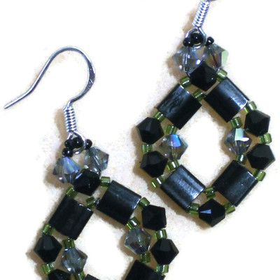 Black diamond shape woven earrings on sterling