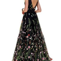 Charming V Neck Black Long Prom Dresses with Embroidery Appliques - Thumbnail 1