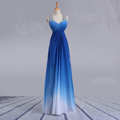 Elegant Blue to White Gradient Color Straps Prom Dresses with Sequined