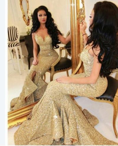 Sexy Gold Sequined Spaghetti Straps Long Mermaid Prom Dresses