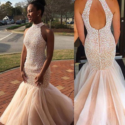 Elegant high neck mermaid prom dresses with colorful pearls - Thumbnail 5