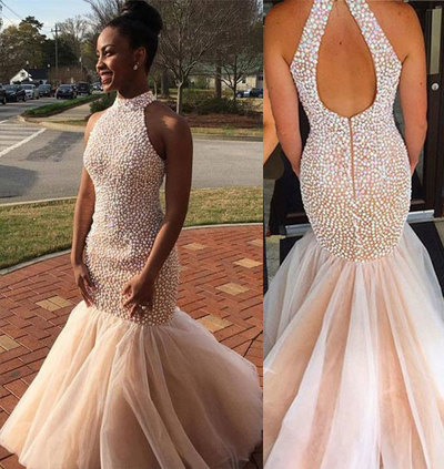 Elegant High Neck Mermaid Prom Dresses with Colorful Pearls