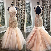 Elegant High Neck Mermaid Prom Dresses with Colorful Pearls - Thumbnail 3