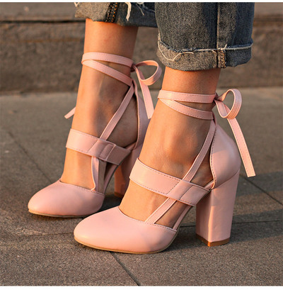 Stylish Chunky Heel Lace up Pumps in Pink