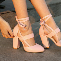 Stylish Chunky Heel Lace up Pumps in Pink - Thumbnail 1